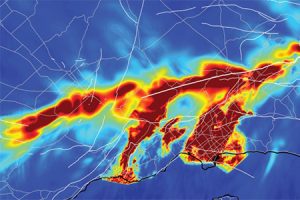 Heat map of geological activity along fault lines