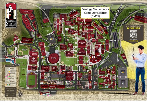 San Diego State University campus map highlighting the location of GMCS