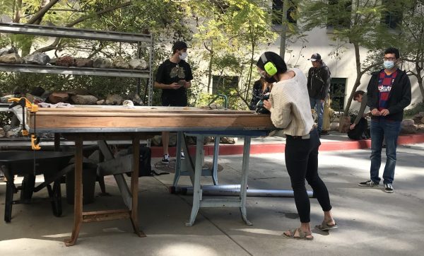 Student splits sediment core in half lengthwise with a circular saw