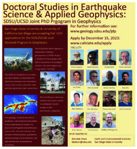 advertisement for Joint Doctoral in geophysics between SDSU and UCSD applications due Dec. 15, 2023