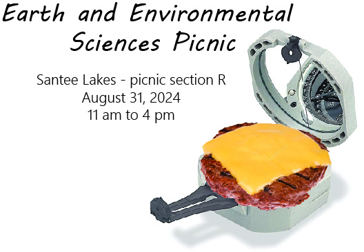 Department of Earth and Environmental Sciences Department Picnic. Saturday August 31, 2024 from 11am to 4pm.  Santee Lakes picnic section R.