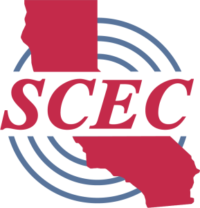 Statewide California Earthquake Center or SCEC logo.  Outline of the state of California with concentric blue circles expanding outwards and the letters SCEC 