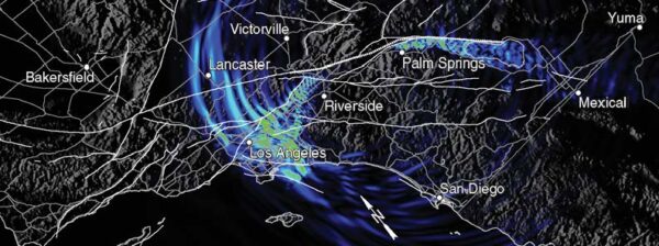 Snap shot from a model. A map of coast of southern california showing San Diego and Los Angles along with the location of the San Andreas fault.  Snap shot shows how seismic waves move through the area.